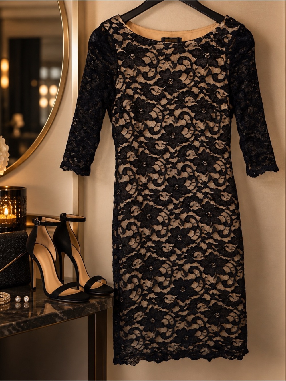 Black Nude Floral Lace Bodycon Cocktail Dress Size S 3/4 Sleeve